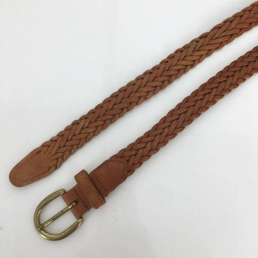 Surrey Women’s Brown Leather Belt Solid Brass Buckle Braided Woven Boho Size M